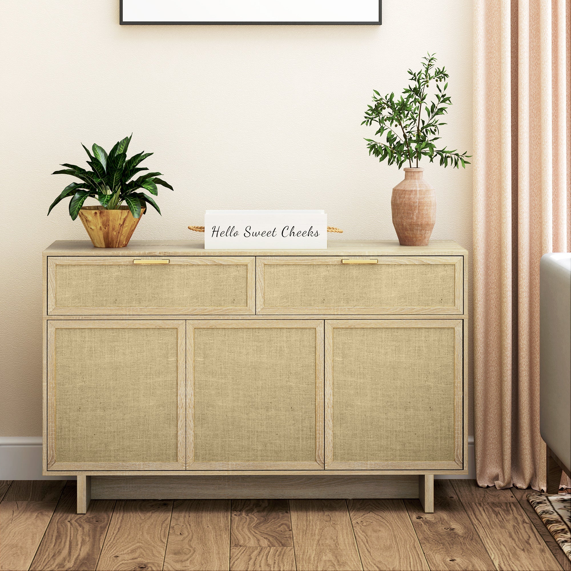 HOMCOM Boho Kitchen Sideboard Buffet Cabinet with Hinge Doors, Drawers and Adjustable Shelf for Living Room, Natural Wood