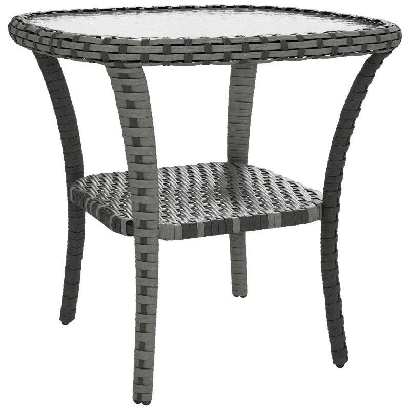 Outdoor Coffee Table with Storage Shelf, Hand-Woven Wicker Side Table with Water-Ripple Glass Top, Mix Grey