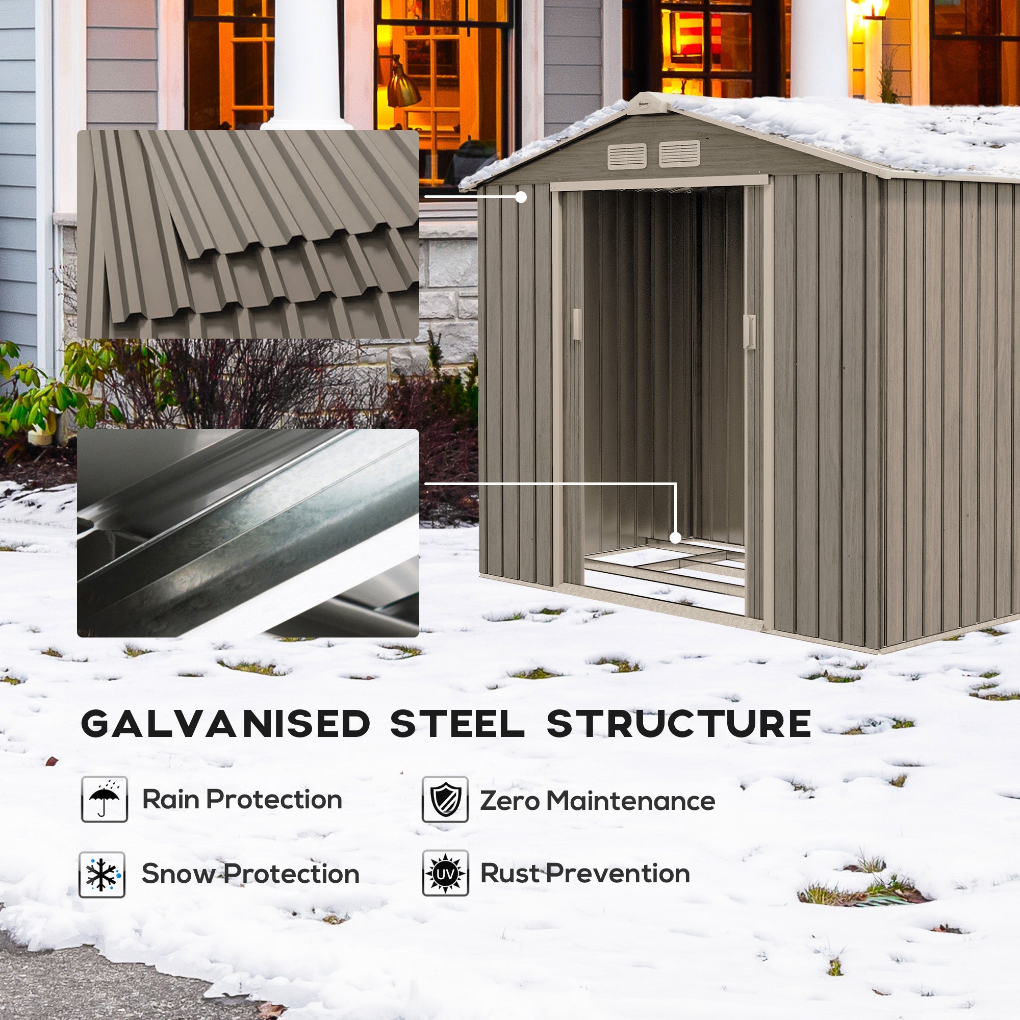 Outsunny 7'x4'x6' Outdoor Garden Storage Shed Metal Tool House Foundation Kit Double Doors Light Brown