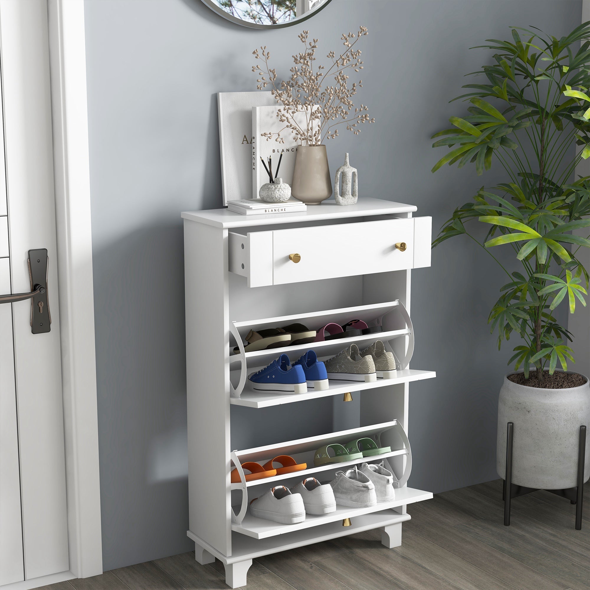HOMCOM Compact Slim Shoe Storage 2 Flip Drawers Adjustable Shelves for 8 Pairs White Shoe Cabinet Organizer for Entryway