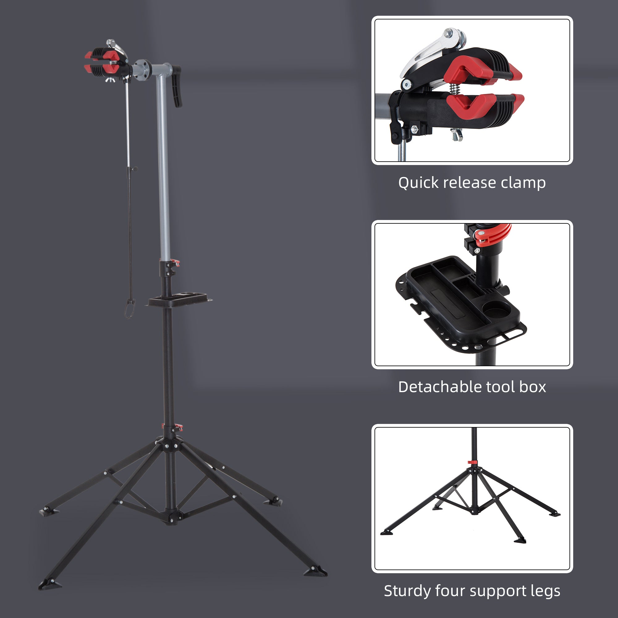 HOMCOM Bike Repair Work Stand Adjustable Telescopic Arm 75" with Rack Tool Tray for Cycle Maintenance