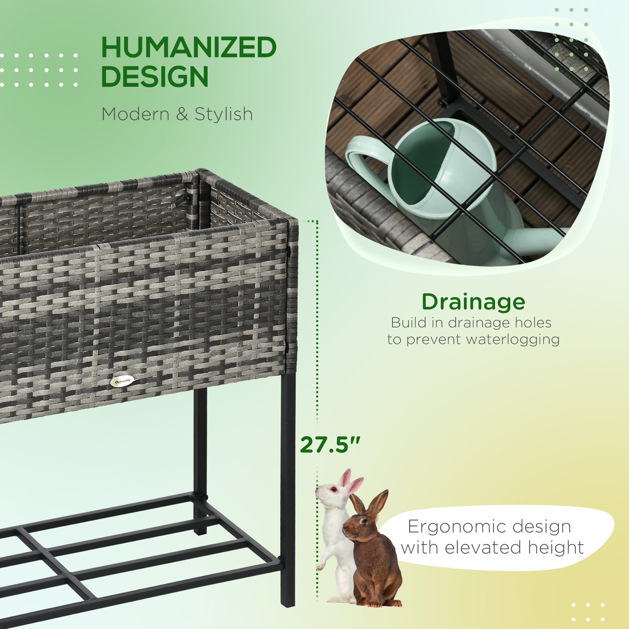 Outsunny Rattan Raised Garden Bed - Elevated Planter Boxes with Storage Shelf for Herbs, Vegetables, Grey