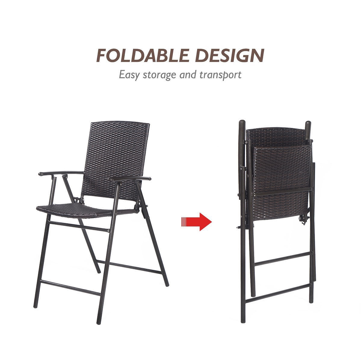 Set of 4 Folding Rattan Bar Chairs with Footrests and Armrests for Outdoors and IndoorsÂ