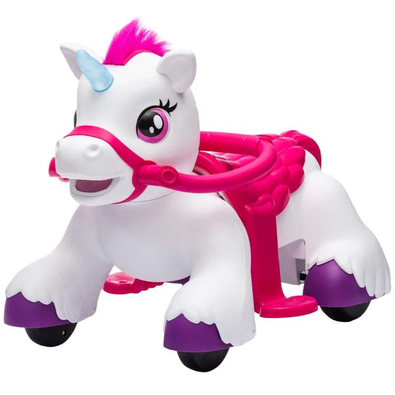 Qaba 12V Unicorn Ride on Toy, Battery Powered Kids Electric Ride on Horse with Carrot Toy, Comb, Animal Sounds, for Age 18-36 months