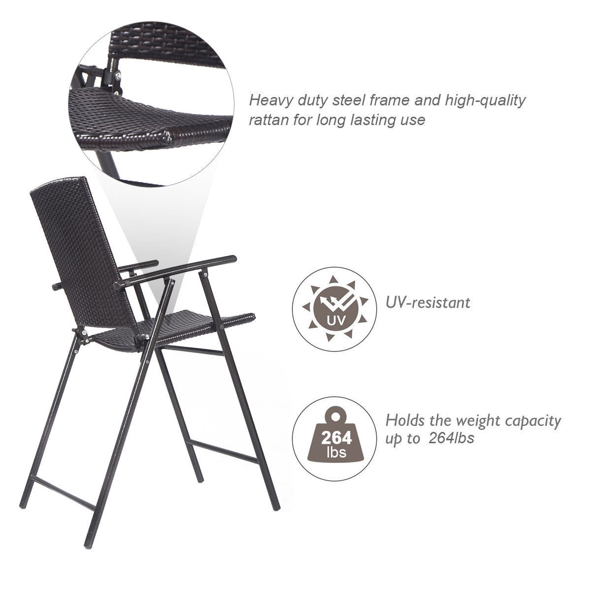 Set of 4 Folding Rattan Bar Chairs with Footrests and Armrests for Outdoors and IndoorsÂ