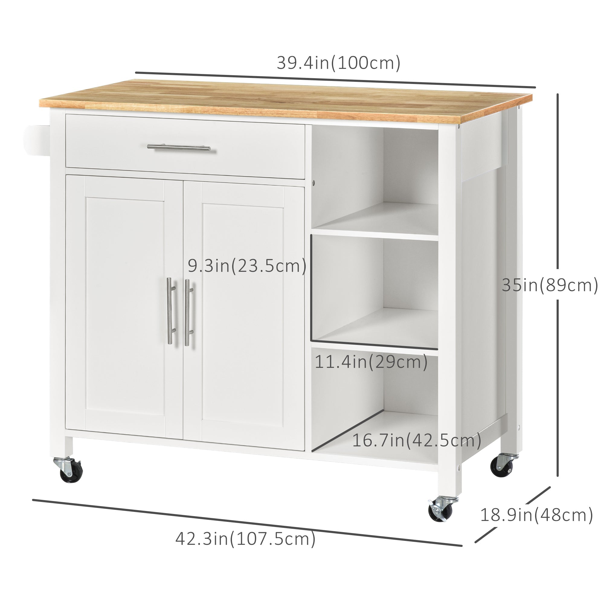 HOMCOM Versatile Valet: Wooden Rolling Kitchen Island with 360° Swivel Wheels, Dining Cart with Drawer, White Finish