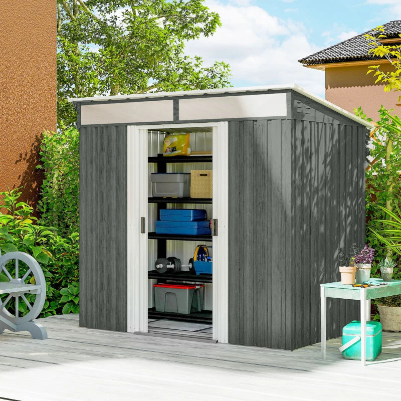 6.5x4FT Galvanised Metal Shed with Foundation Kit, Lockable Garden Tool Storage House with Sliding Doors, Vents, Grey