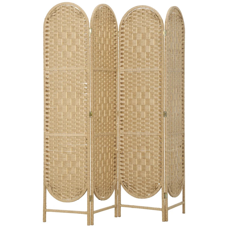 Bohemian Privacy Screen, Folding Room Divider with 4 Panels and Arched Top for Bedroom Living Room Office, Natural Wood