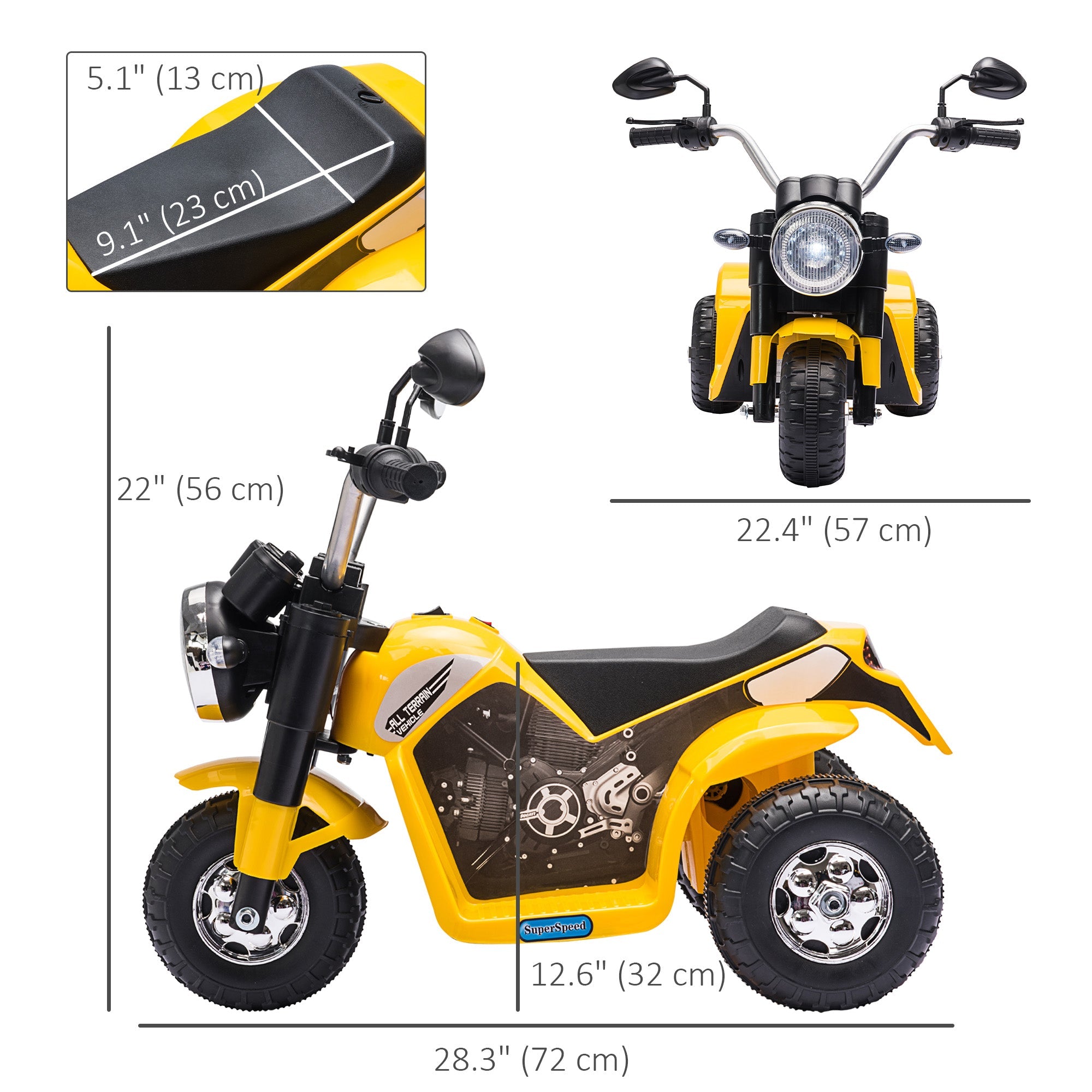 Aosom 6V Electric Kids Motorcycle Ride-On Dirt Bike 3-Wheels with Horn Headlights Yellow for Toddlers