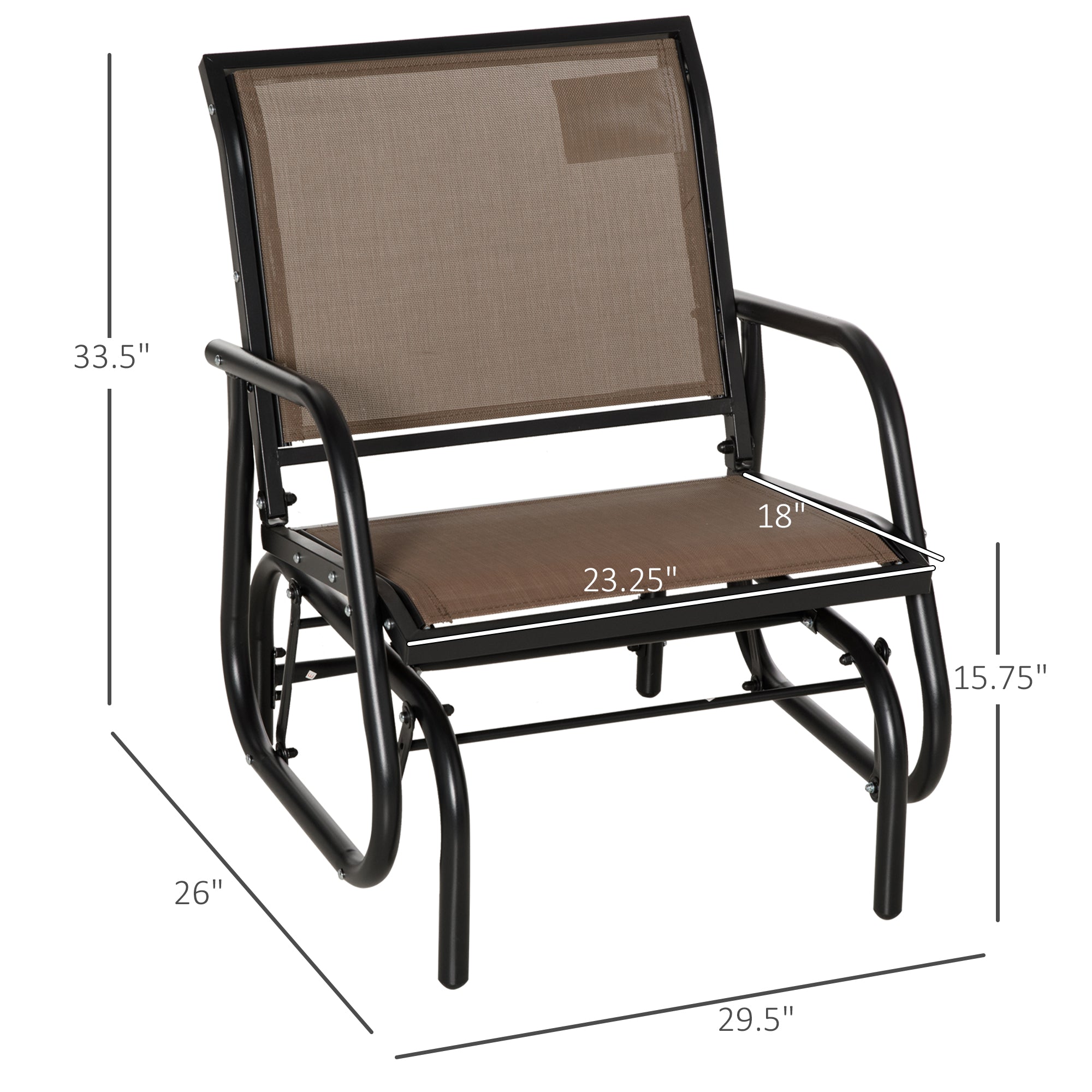 Outsunny Breezy Glider: Steel Frame Outdoor Swing Chair with Breathable Mesh Seat, Backrest, and Curved Rocking Arms, Brown