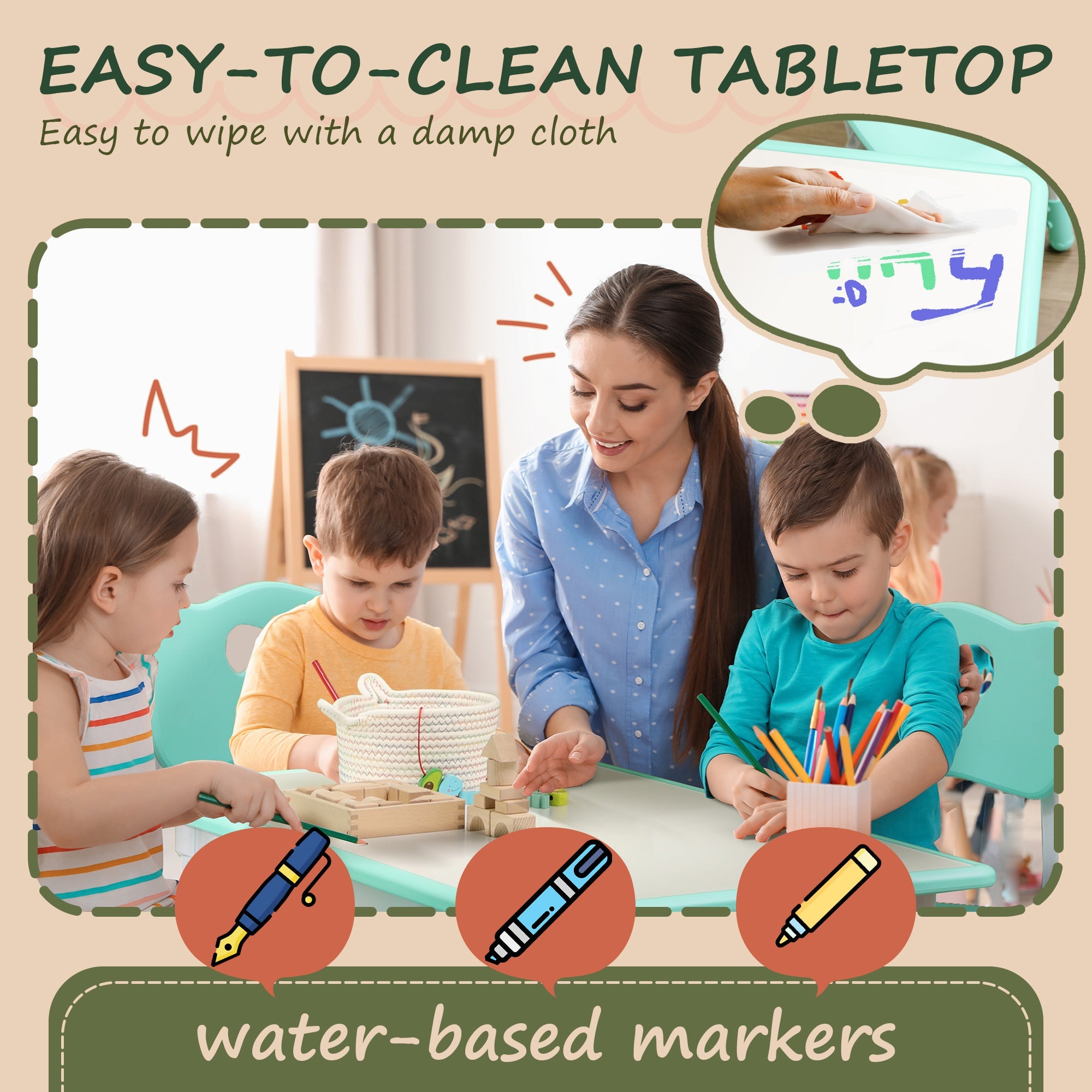 Qaba Kids Table & 4 Chair Set: Adjustable Height, Durable, Easy Clean for Toddlers in Green