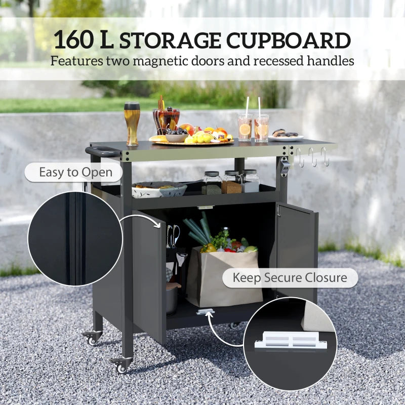 Outdoor Grill Cart Table with Foldable Side Table, BBQ Grill Stand with Stainless Steel Top & Hooks, 45.7"x19.7", Black