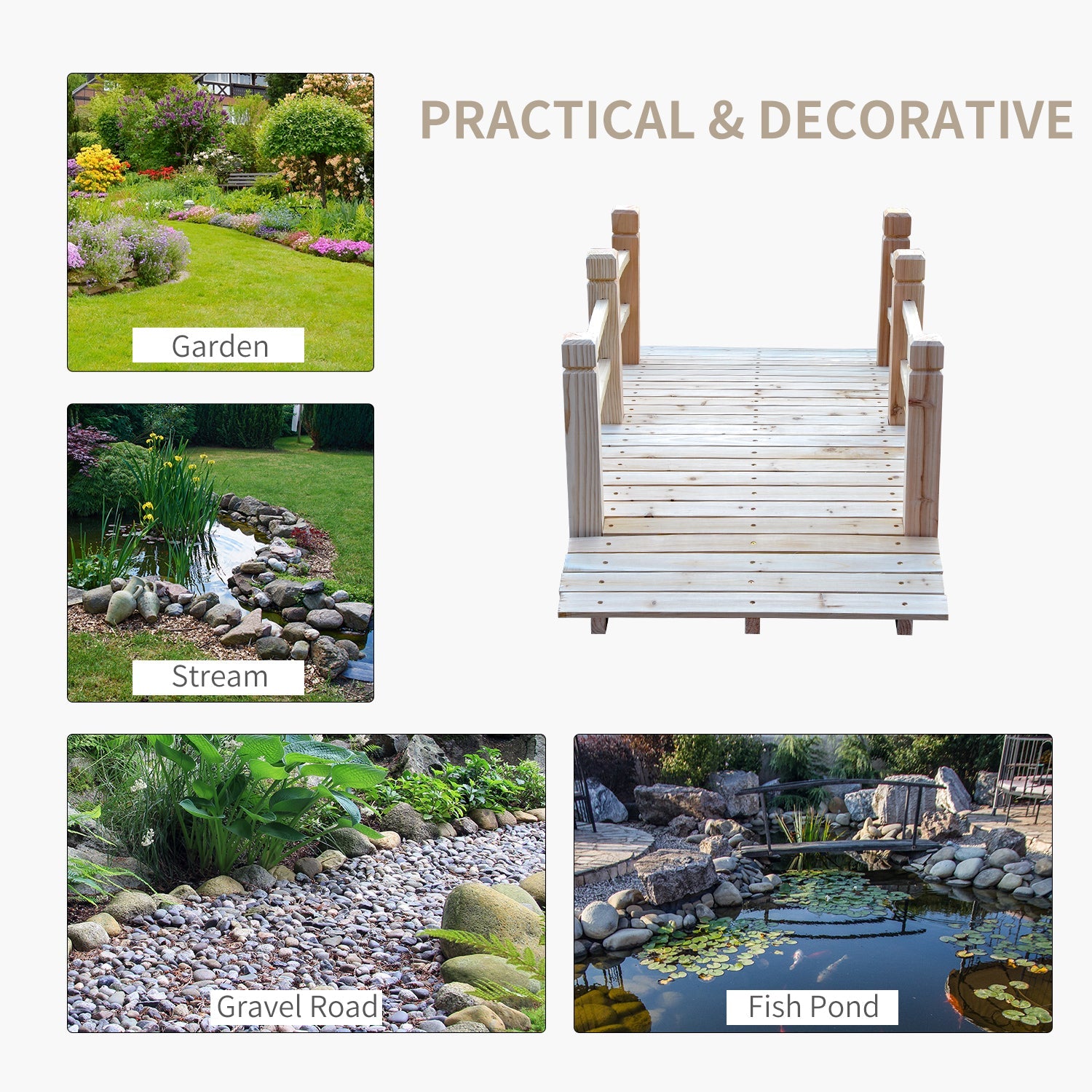 Outsunny 5FT Wooden Garden Bridge Outdoor Decorative Landscape Side Rails Moon Bridge Natural