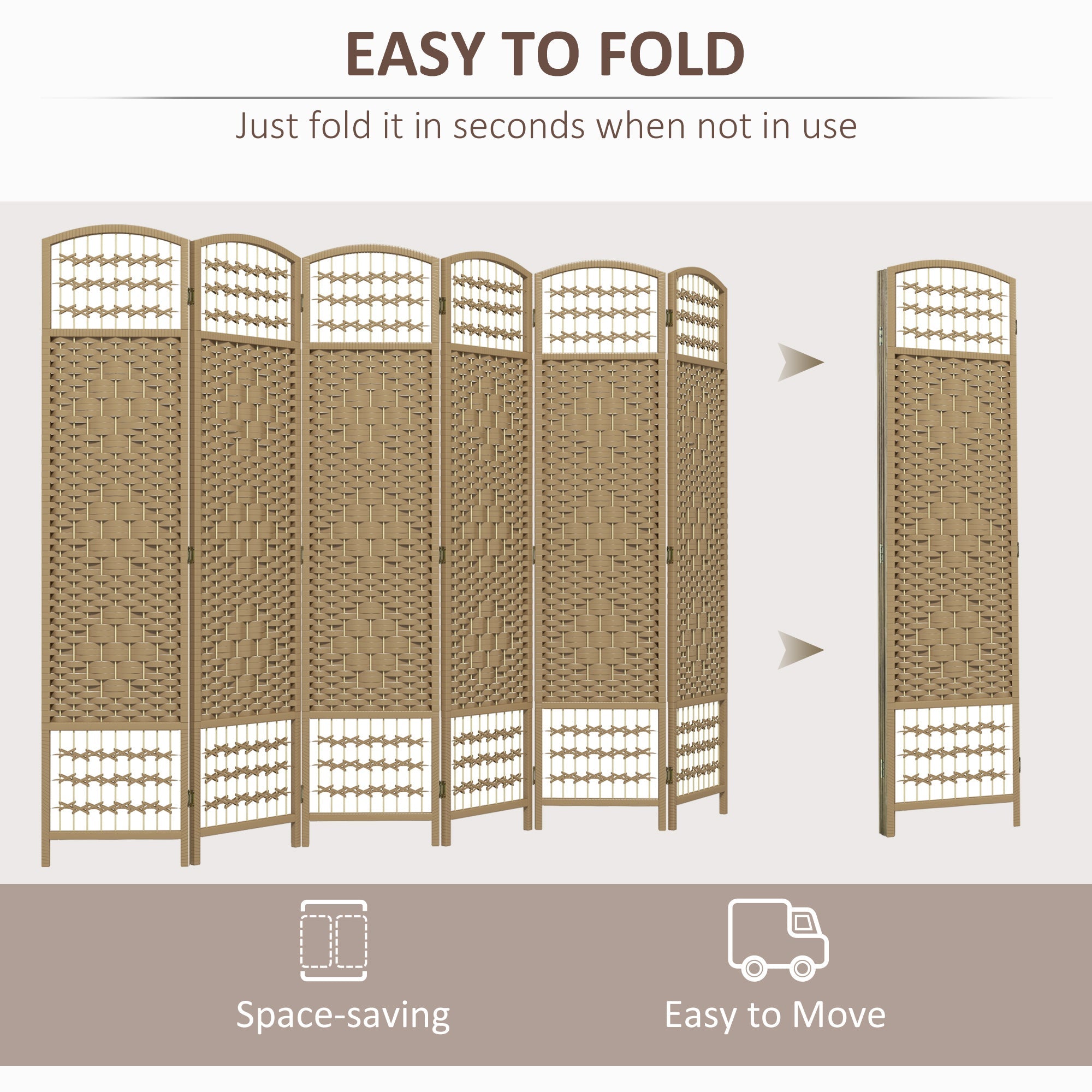 HOMCOM 6-Panel Folding Room Divider: Portable Privacy Screen, Wave Fiber Room Partition for Home Office, Natural