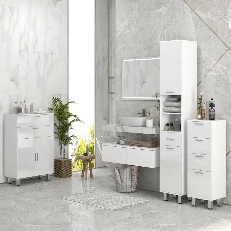 71" Tall Bathroom Storage Cabinet, Narrow Linen Tower with Drawer, Open Shelves, 2 Doors Cabinets and Adjustable Shelves, High Gloss White
