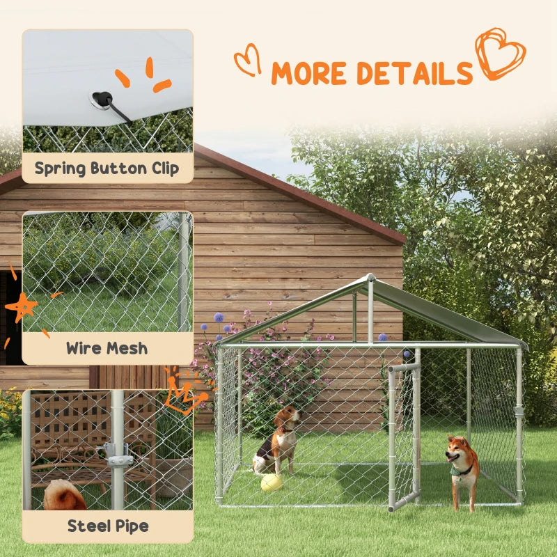 6.6' x 6.6' x 4.9' Outdoor Dog Kennel Heavy Duty Galvanized Steel Chain Link with UV-resistant Roof, Silver