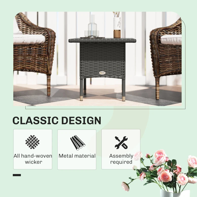 Wicker Outdoor Side Table, 20" Square Patio End Table w/ Full Woven Top, Grey