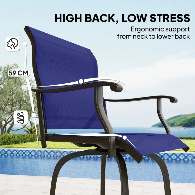 Outdoor Bar Stools Set of 2, Swivel Bar Height Chairs with High Back, Curved Armrests and Steel Frame, Navy Blue