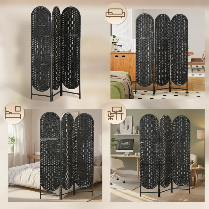 Bohemian Privacy Screen, Folding Room Divider with 3 Panels and Arched Top for Bedroom Living Room Office, Black