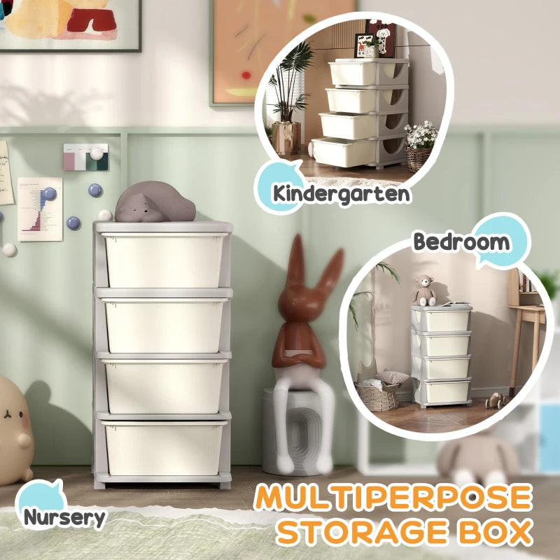 Qaba 4 Tier Kids Toy Organizer and Storage Bins with 4 Plastic Drawers, Cream White