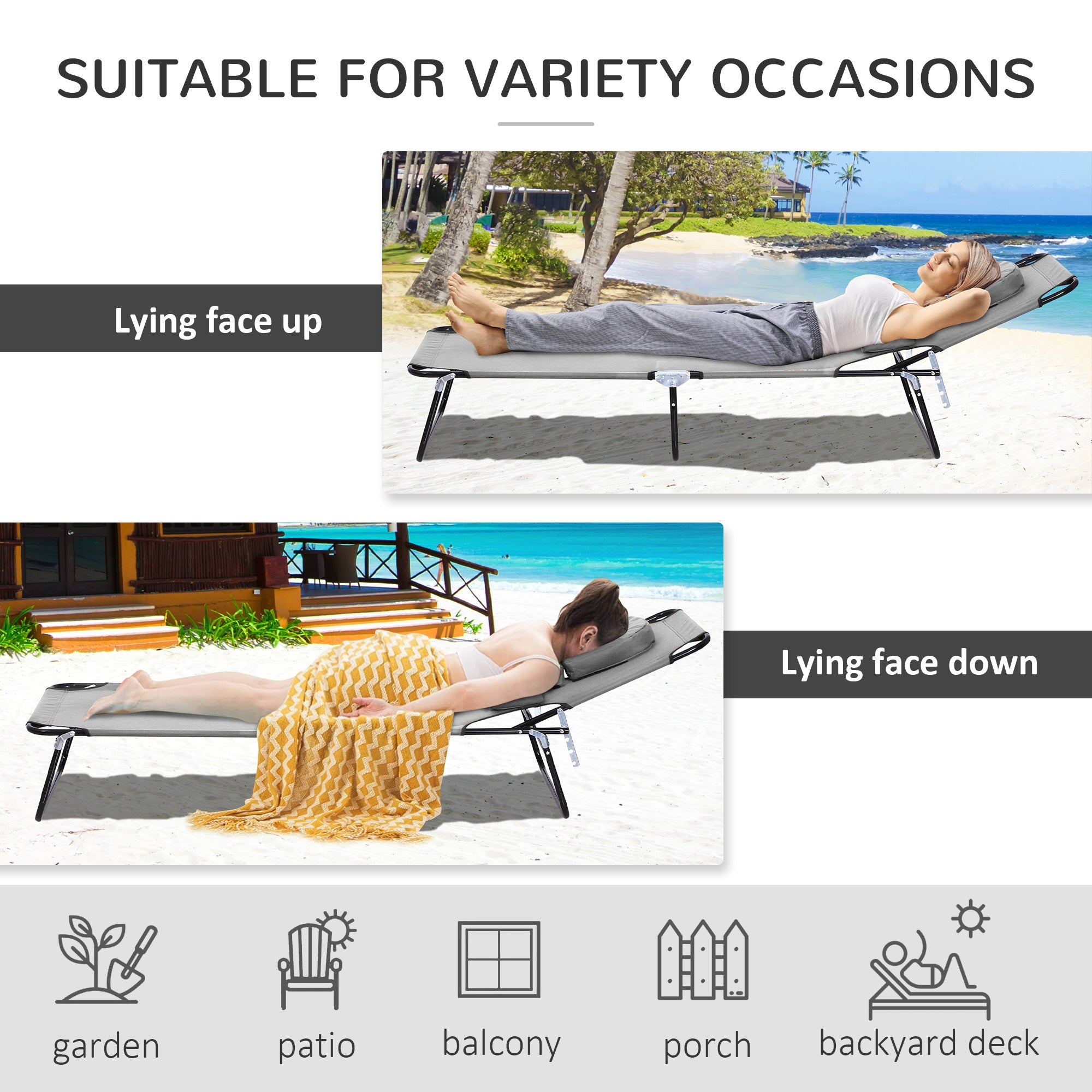 Outsunny Garden Sun Lounger Adjustable with Reading Hole Outdoor Reclining Seat Folding Camping Beach Bed Grey