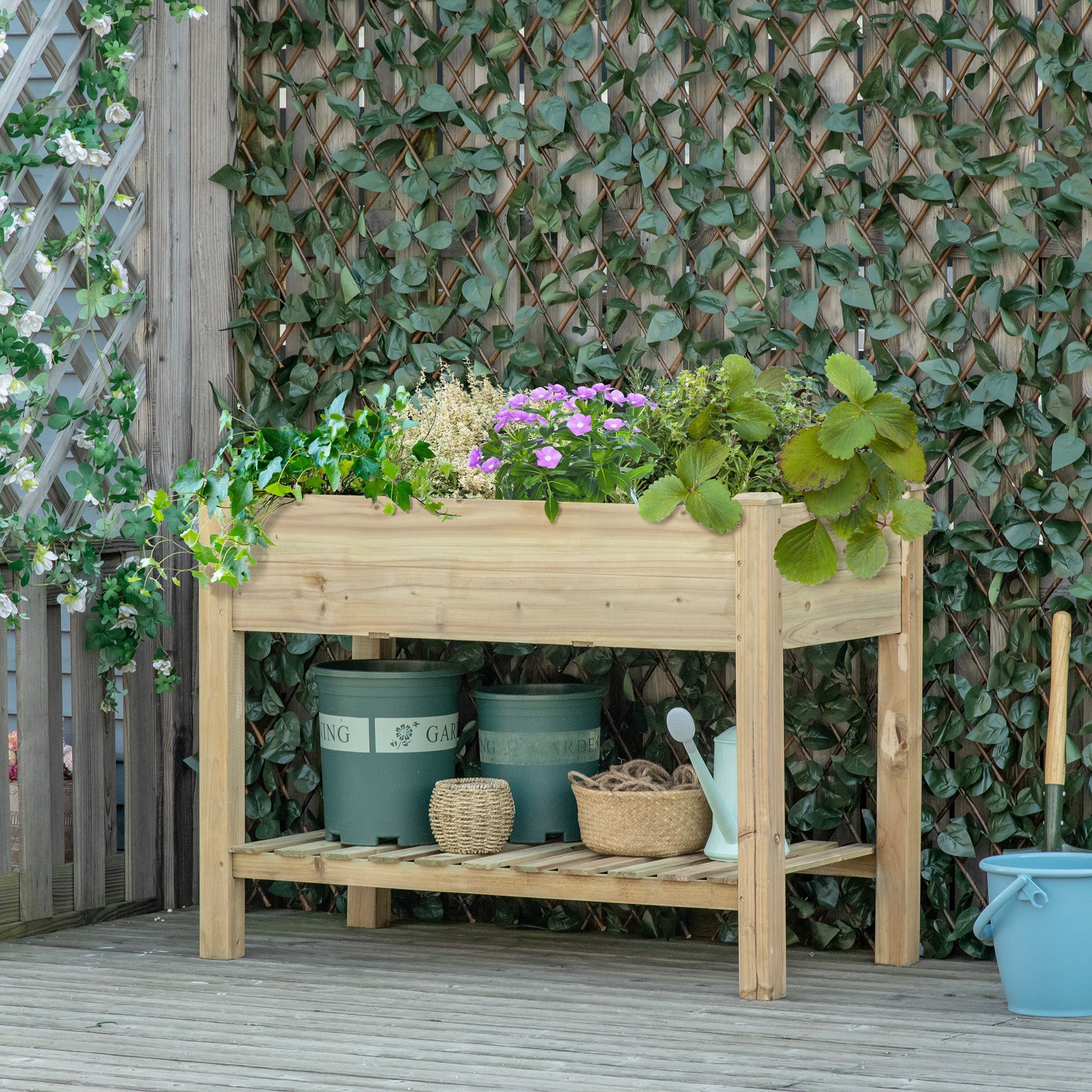 Outsunny 45" x 22" x 33" Raised Garden Bed with Legs and Storage Shelf, Elevated Wooden Planter Box, Gardening Standing Growing Bed
