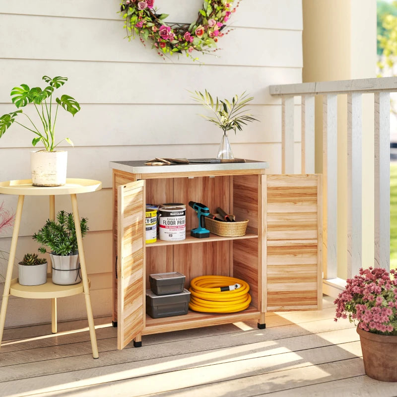 Garden Storage Cabinet, Outdoor Potting Bench Table with Metal Tabletop, Shelf and Double Doors, Natural