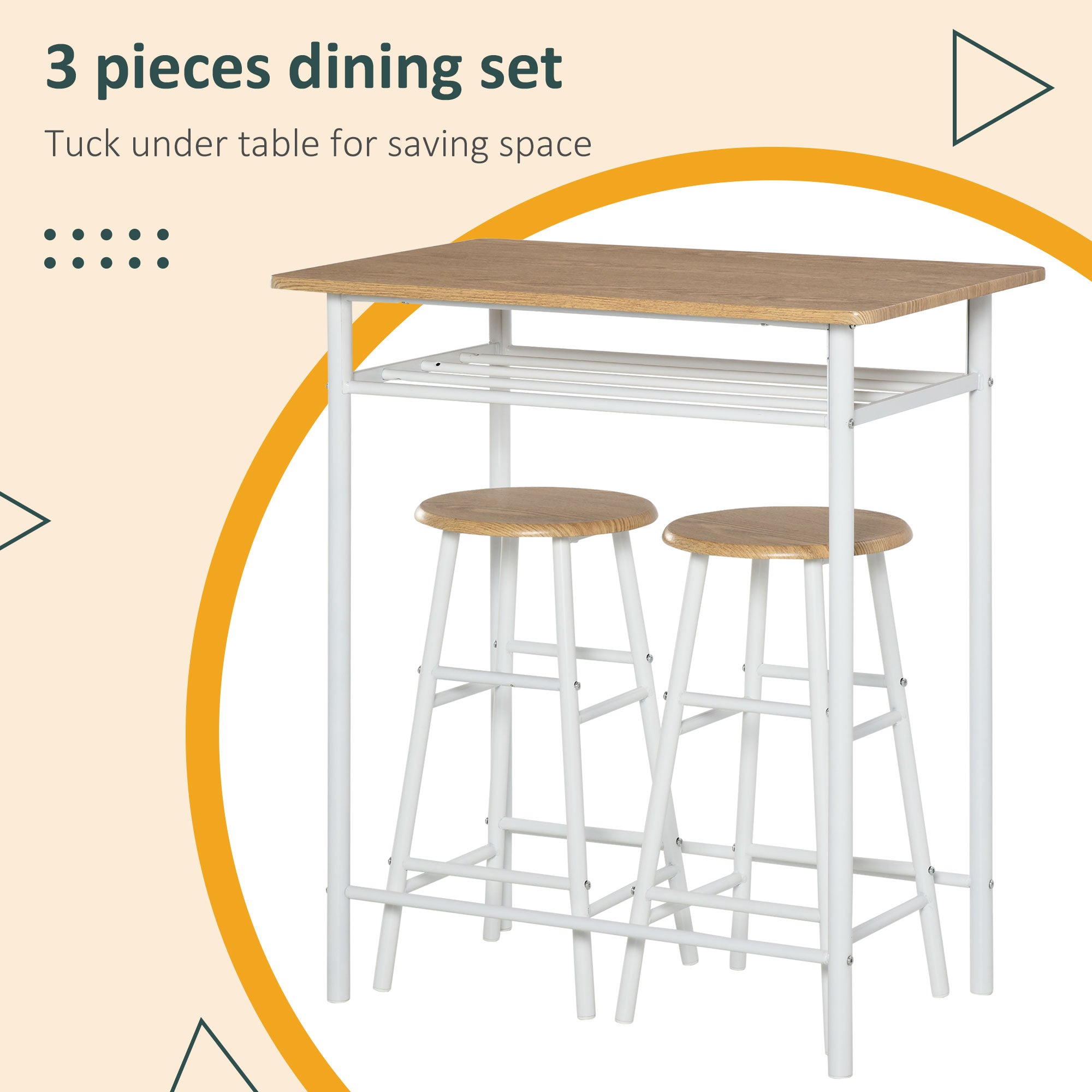 HOMCOM Counter Height Dining Set 3 Piece White Oak with Storage Shelf Metal Frame Footrest 1 Table 2 Stools for Kitchen