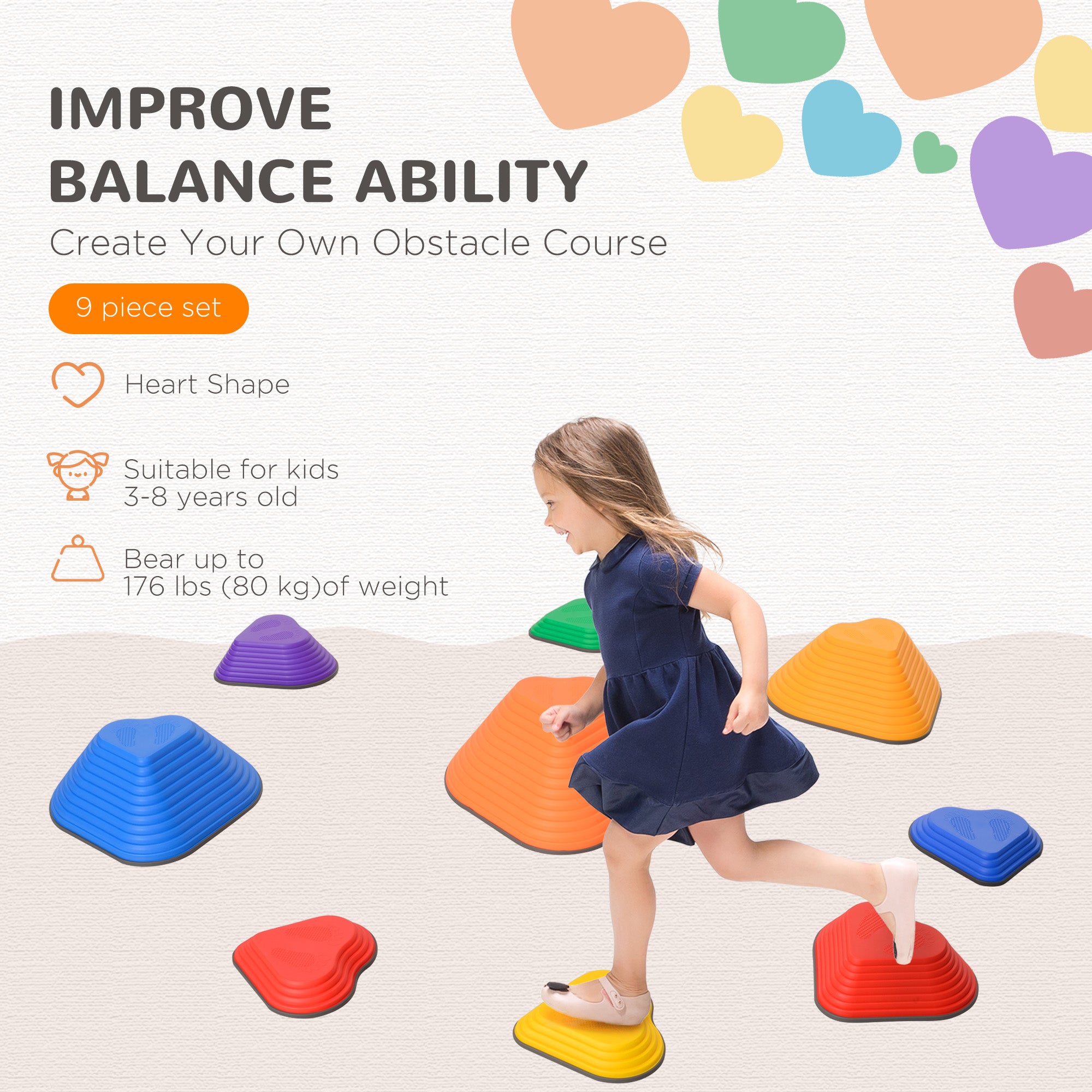 Qaba 9PCs Non-Slip Stackable Kids Stepping Stones, Heart-Shaped