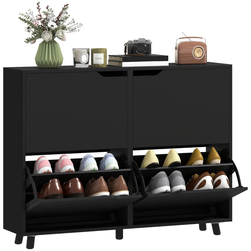 Narrow Shoe Cabinet, Shoe Storage Cabinet with 4 Flip Drawers and Adjustable Shelves for 16 Pairs of Shoes, Black