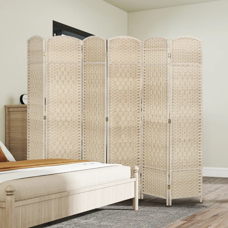 6 Ft Tall Folding Room Divider, 6 Panel Portable Privacy Screen, Hand-Woven Partition Wall Divider, Light Oak