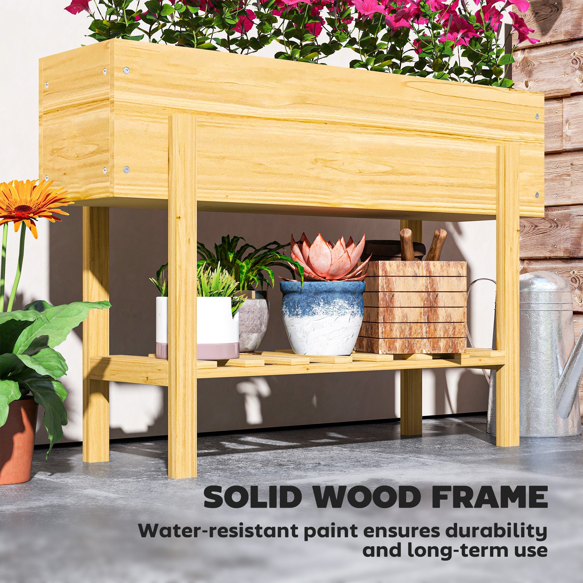 Outsunny Raised Planter Box, Elevated Wooden Garden Bed with Legs & Storage Shelf for Patio & Backyard, Natural Wood