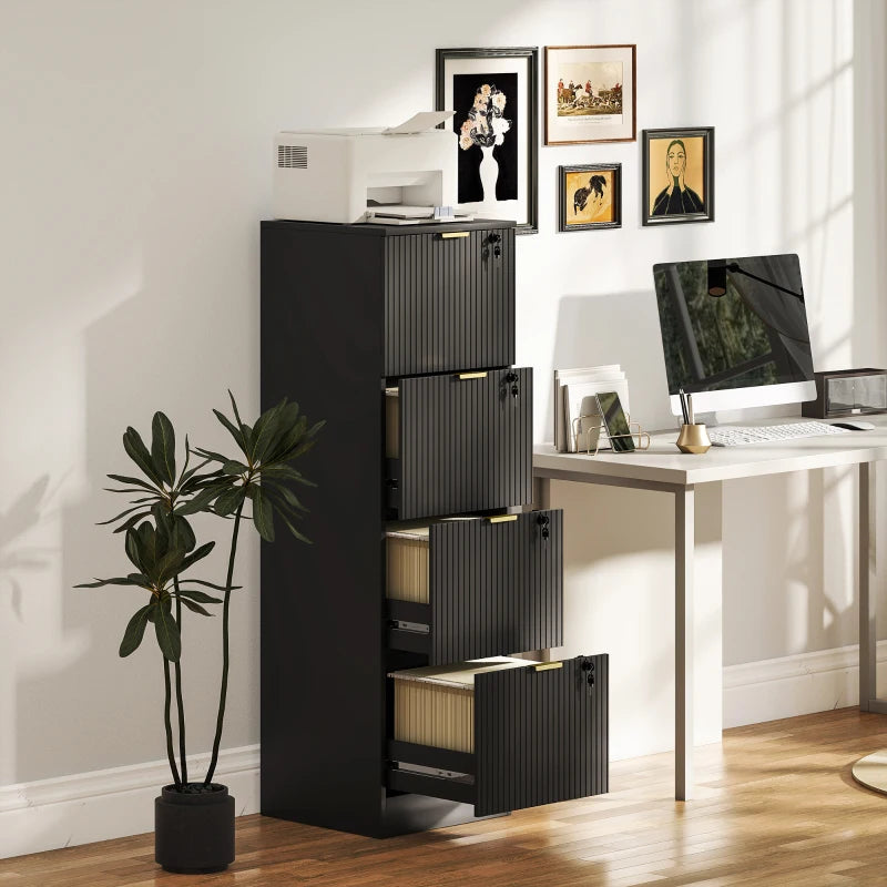 Lockable Filing Cabinet with 4 Fluted Drawers, File Cabinet with Adjustable Hanging Rails for A4 Letter Files, Black