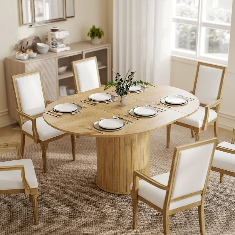 Extendable Kitchen Table for 6-8, 43.5"-59" Farmhouse Dining Table with Pedestal Base Natural Wood Finish