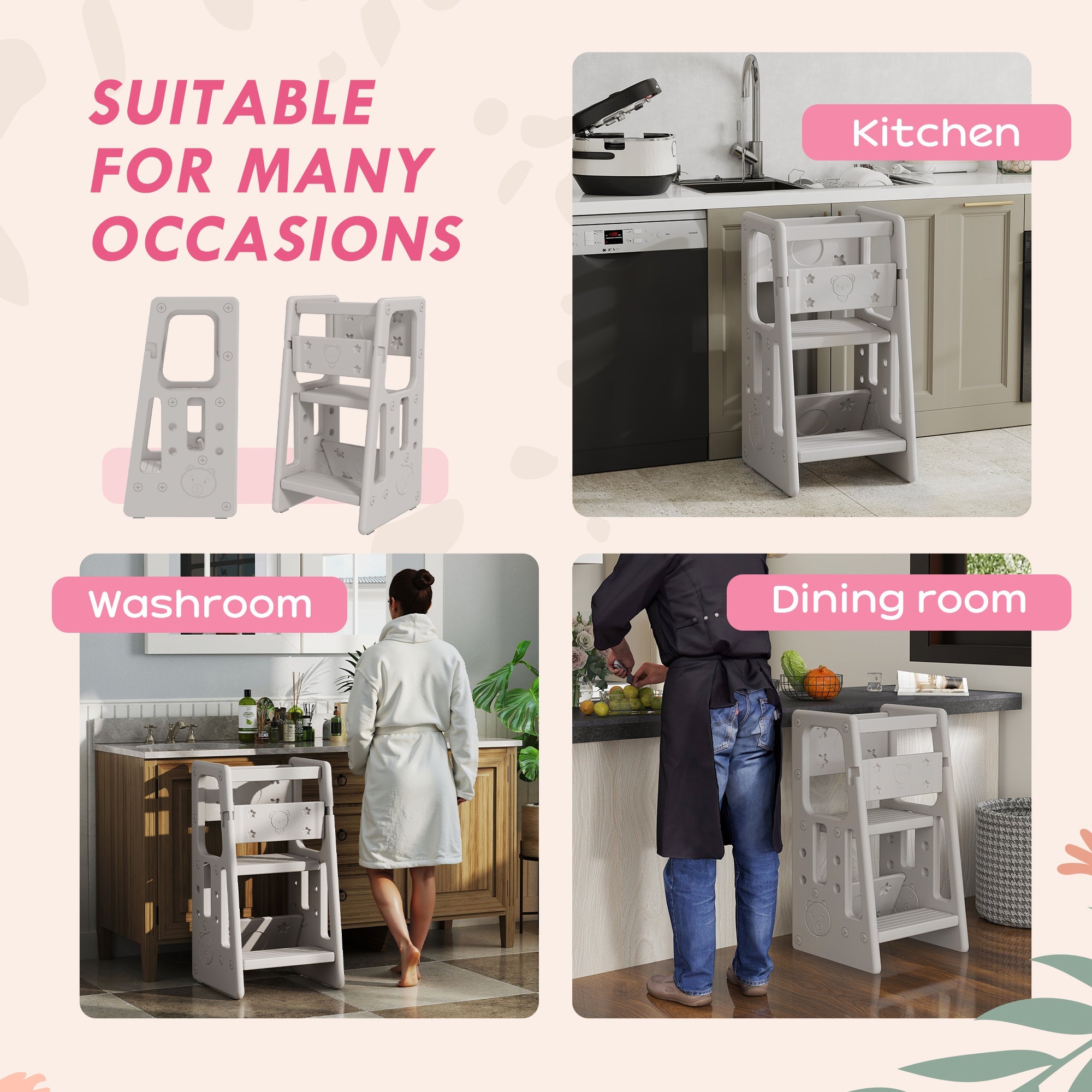Qaba Kitchen Companion: Kids Adjustable Step Stool Tower for Counter Learning, Safe Standing Platform
