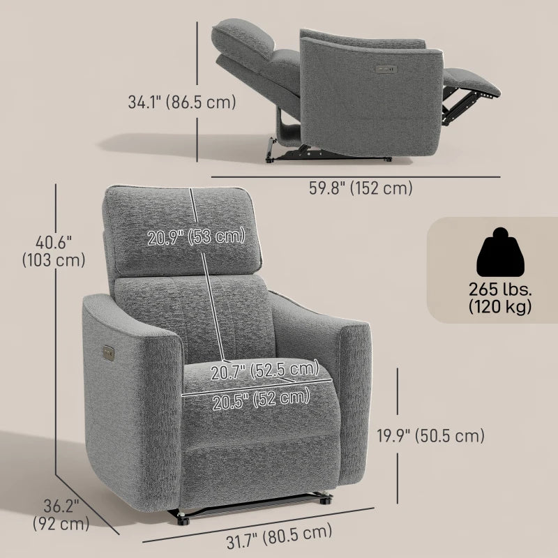 Power Recliner Chair, Linen-look Fabric Upholstered Recliner Chair with USB Ports, Footrest, Dark Grey