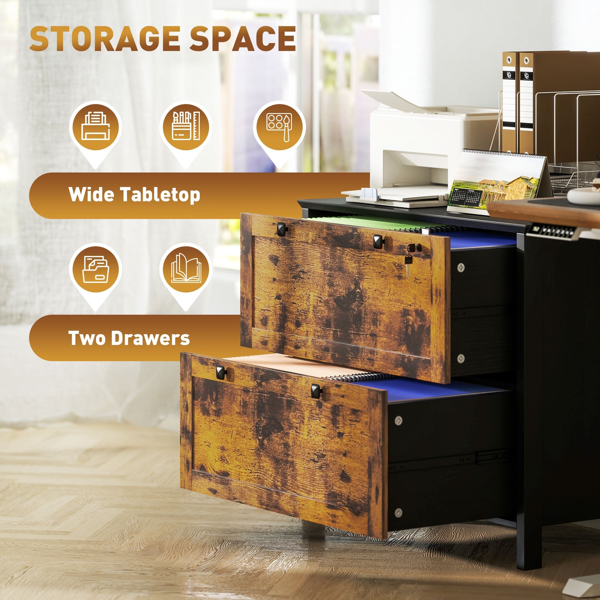 HOMCOM 2 Drawer File Cabinet, Lockable Filing Cabinet with Adjustable Hanging Bar for Letter, A4 Size, Rustic Brown