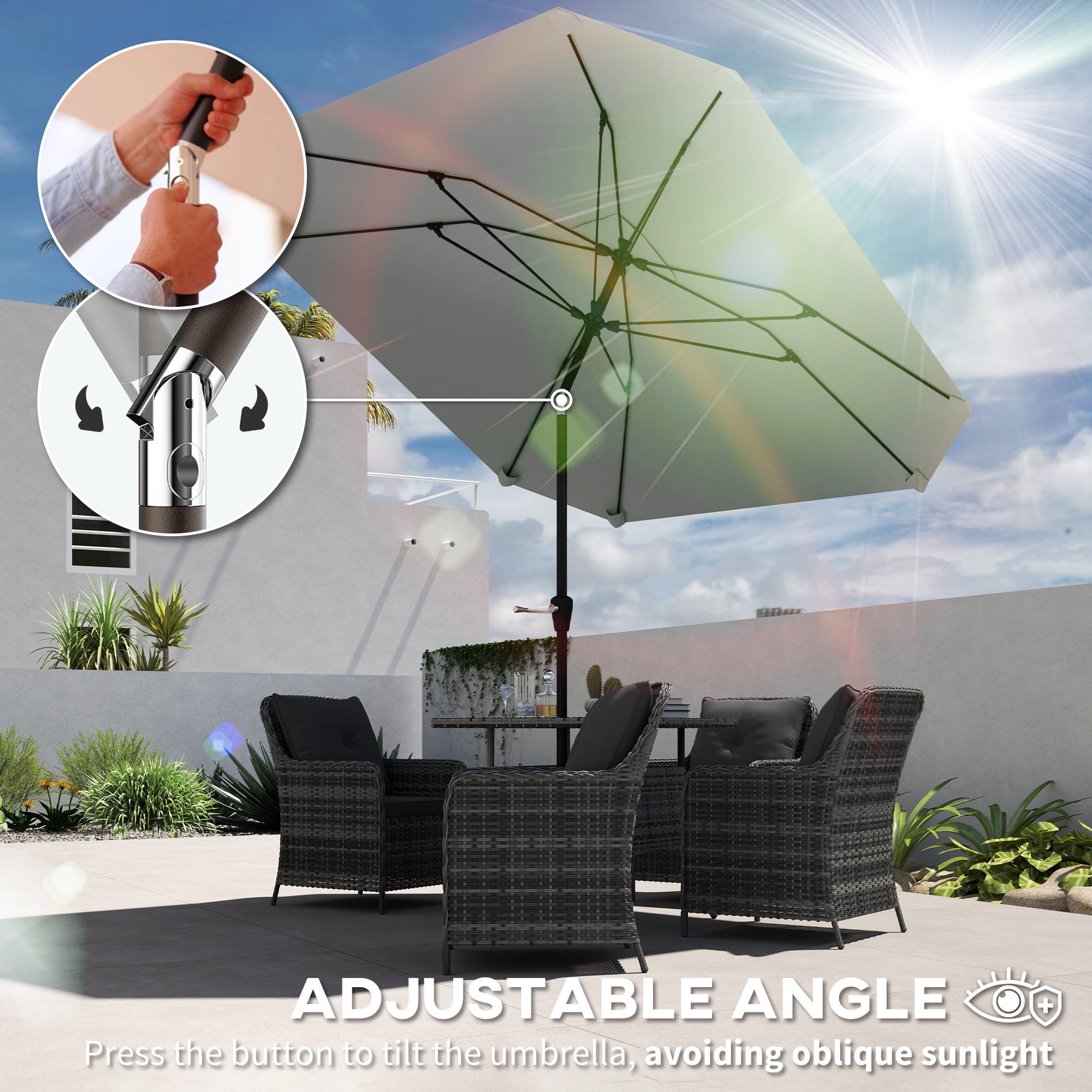 Outsunny 7.6FT Aluminum Patio Umbrella Parasol 8 Ribs Outdoor Market Umbrella with Crank, Push Button Tilt for Deck, Backyard and Lawn, Light Grey