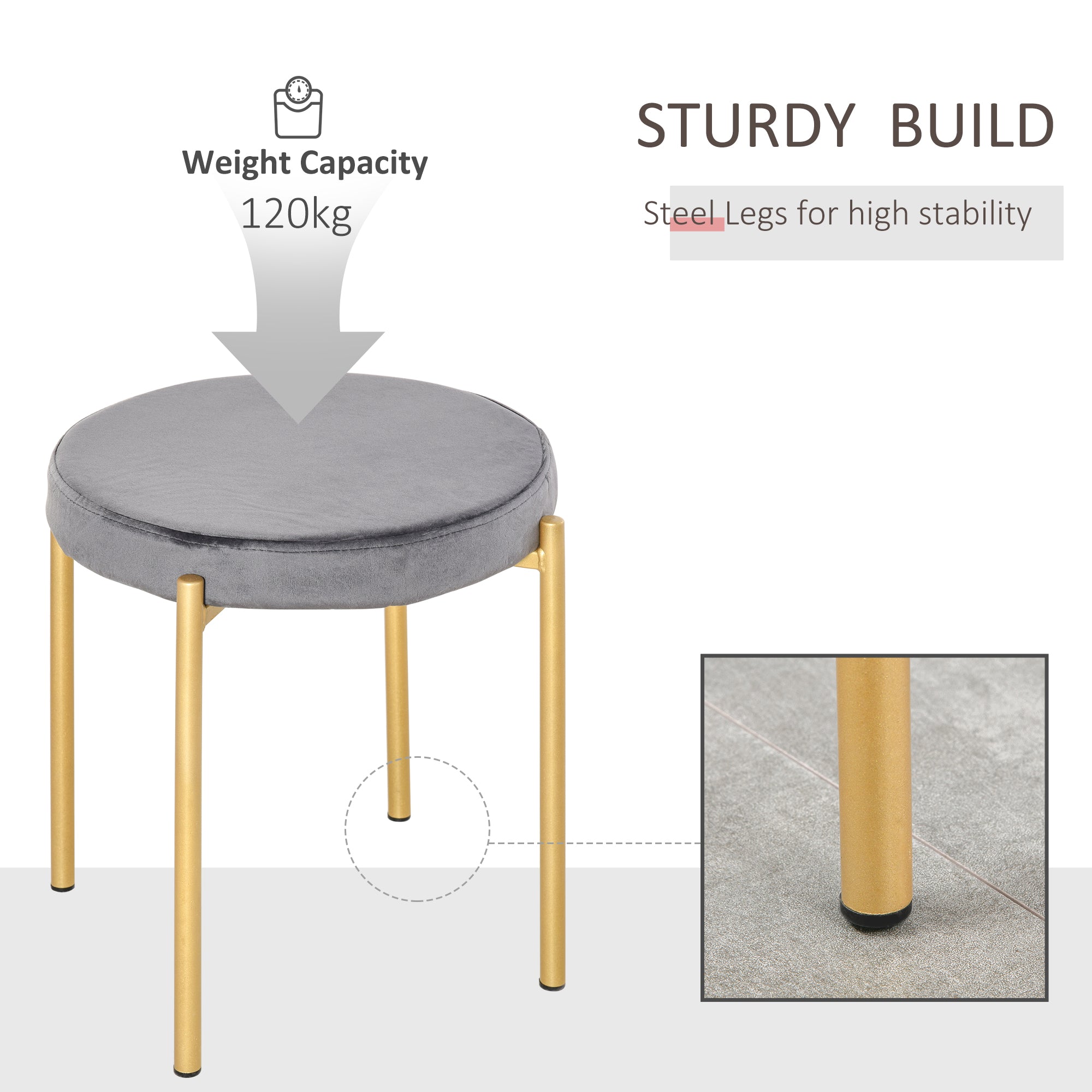 HOMCOM Stackable Dining Stools: Backless Round Velvet-Touch Stools Set of 4, Grey Finish with Metal Legs for Kitchen Accent