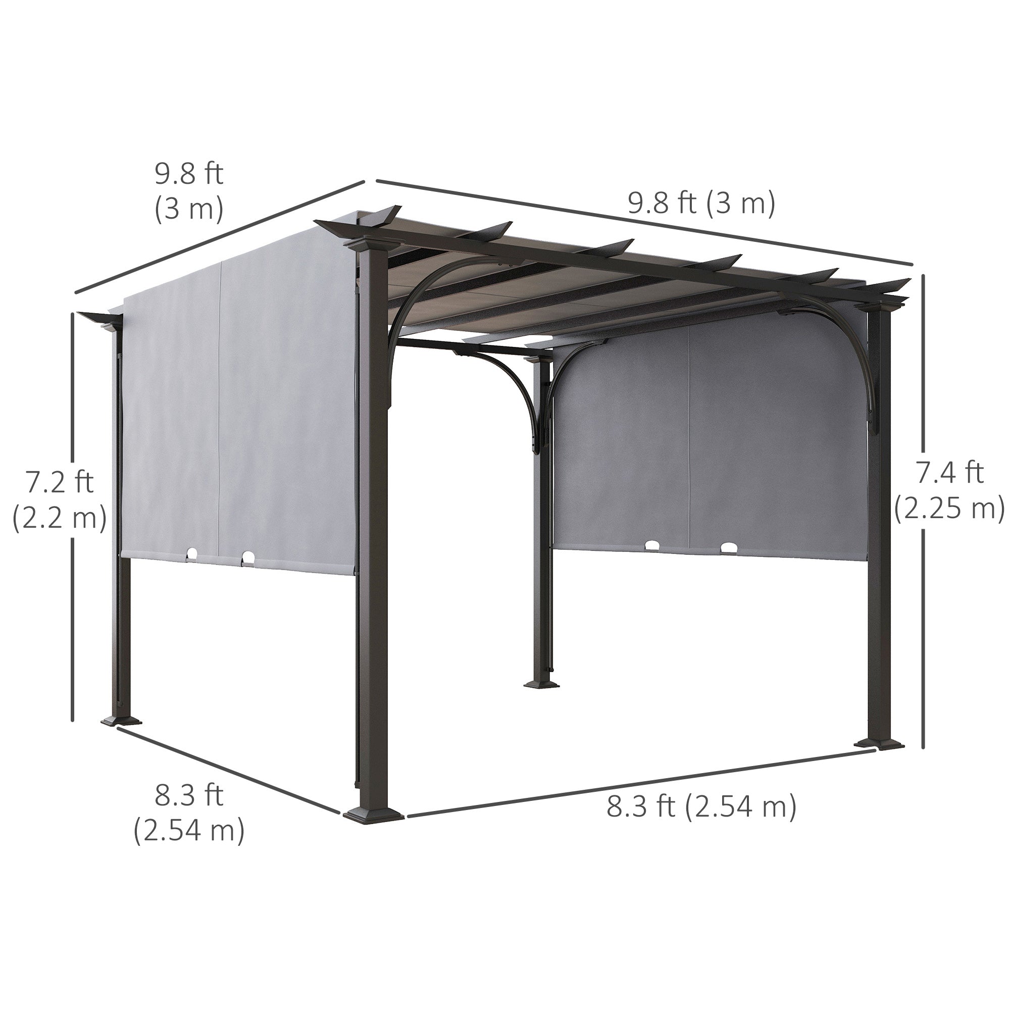 Outsunny Outdoor Pergola 10'x10', Patio Gazebo with Retractable Canopy, Steel Frame, Grey for Sun Shelter