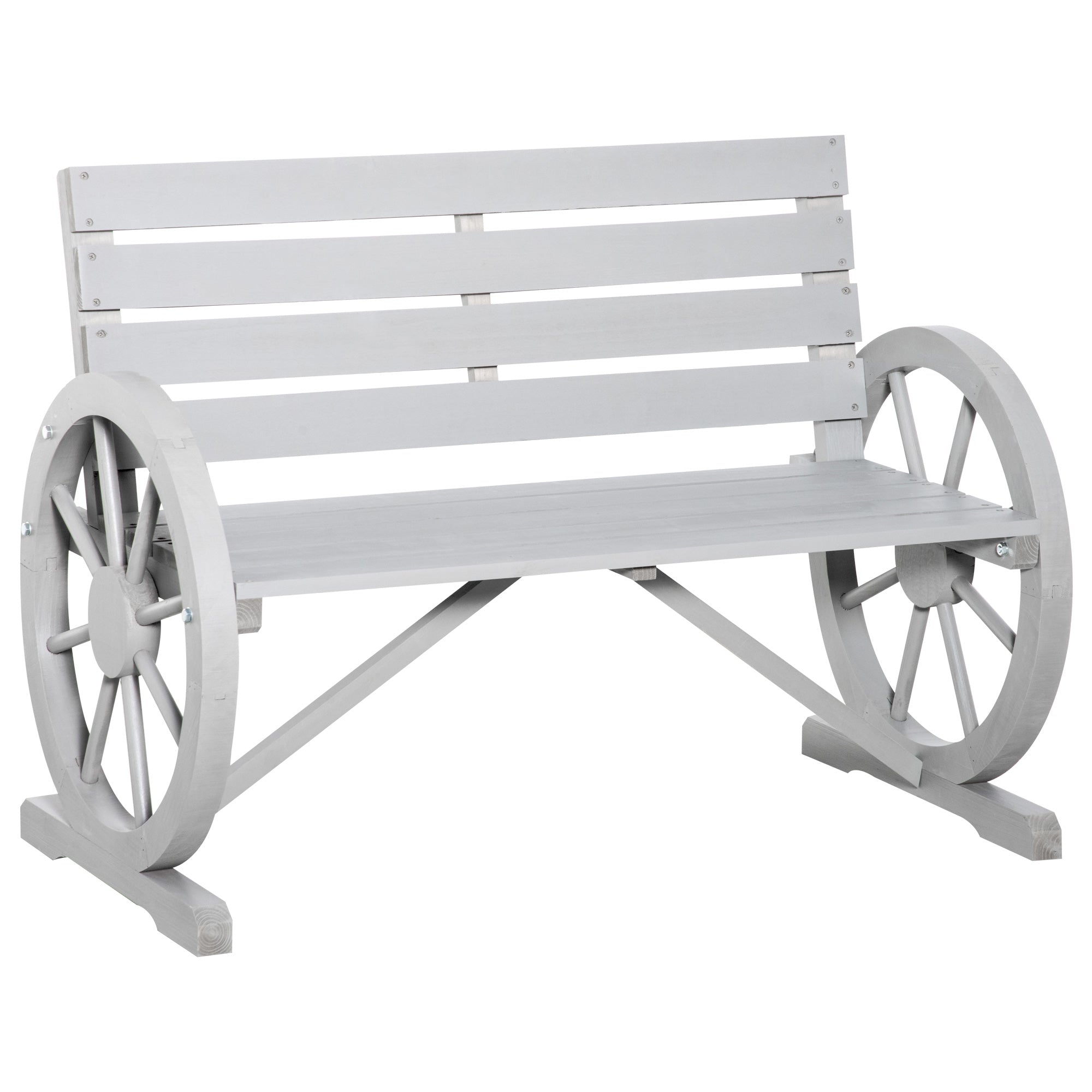 Outsunny 42" Wood Wagon Wheel Bench Rustic Garden Loveseat Outdoor Lounge Chair Grey