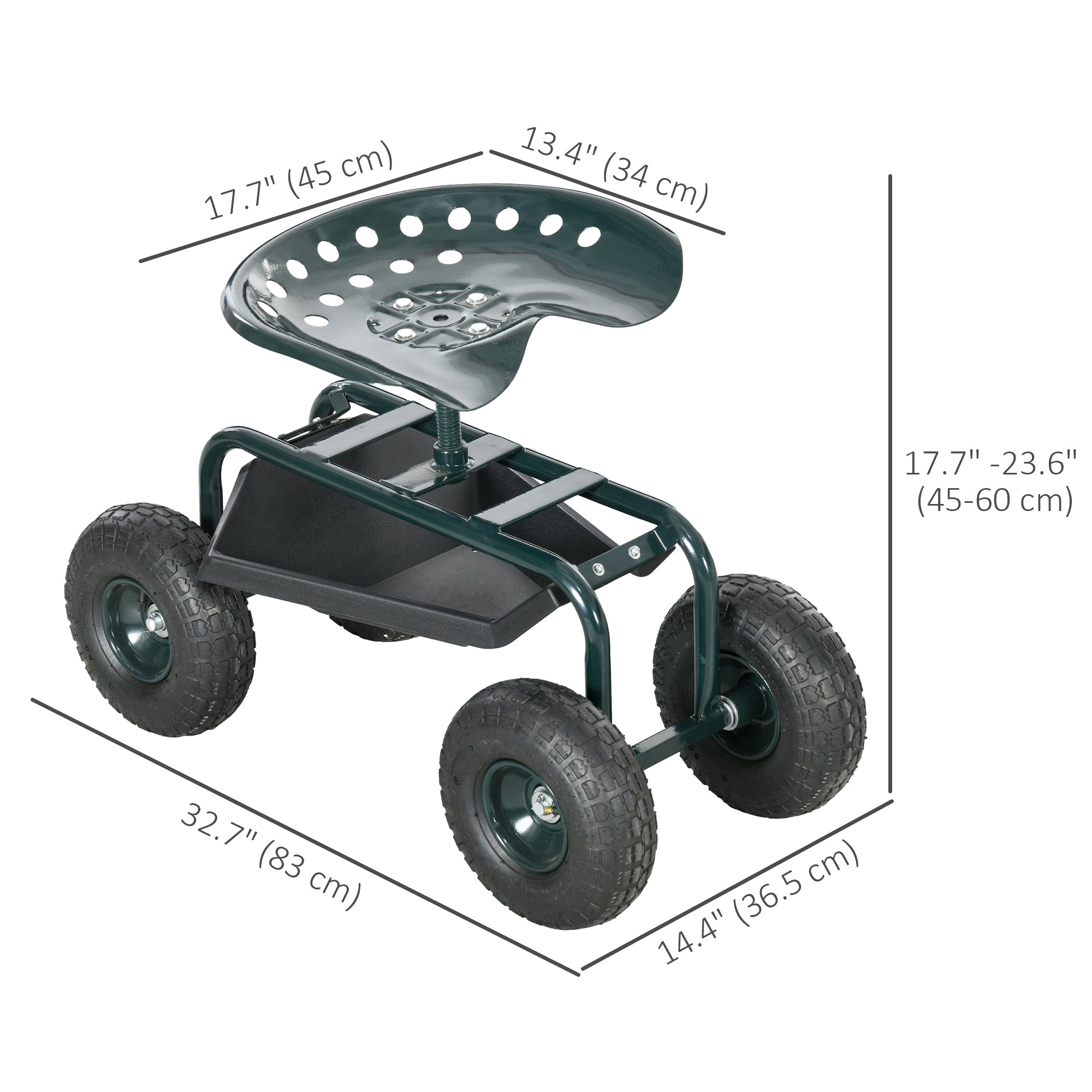Outsunny Garden Cart with Seat on Wheels Tool Tray 360° Swivel Height Adjustable for Patio Yard