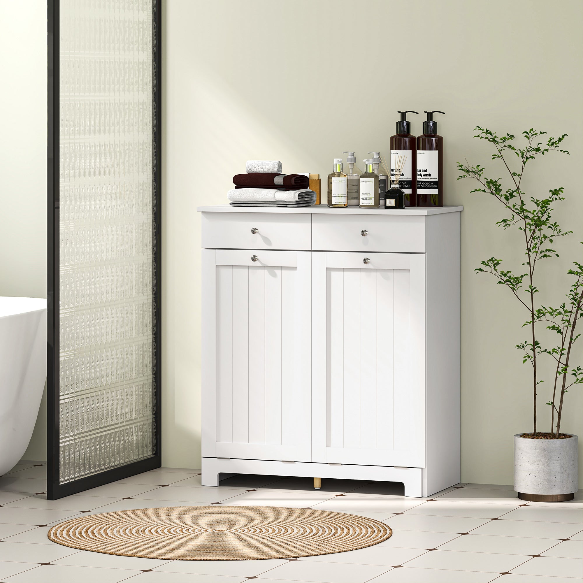 HOMCOM Laundry Cabinet, Tilt Out Laundry Hamper Cabinet with 2 Baskets, Bathroom Hamper Cabinet with 2 Drawers, White