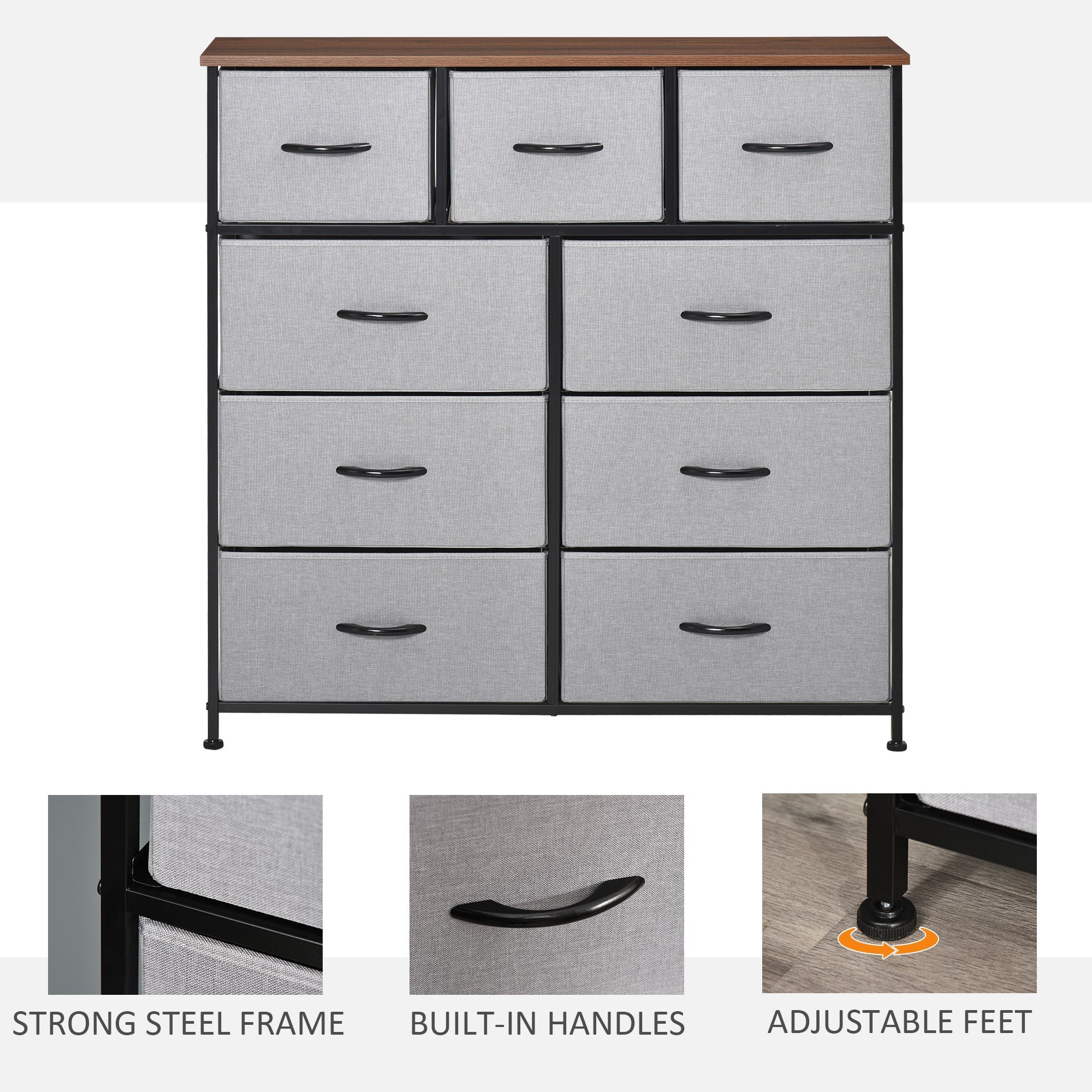HOMCOM 9-Drawer Storage Dresser: Fabric Bins, Steel Frame & Wood Top for Living Spaces