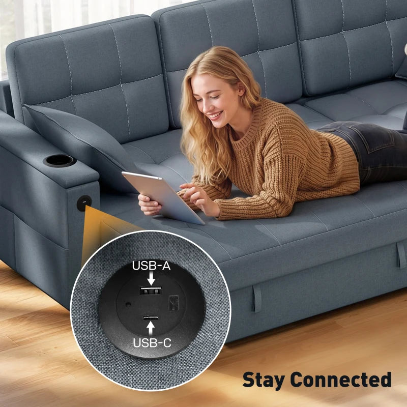 Convertible Sectional Sofa Bed, Pull Out Sleeper Sofa Couch with USB‑A+C, Chaise Storage, L-Shaped Futon Couch, Dark Grey