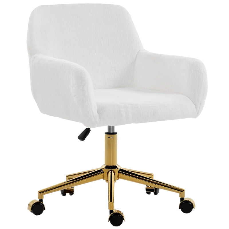 Office Chair, Faux Rabbit Fur Upholstered Vanity Desk Chair, Cream White