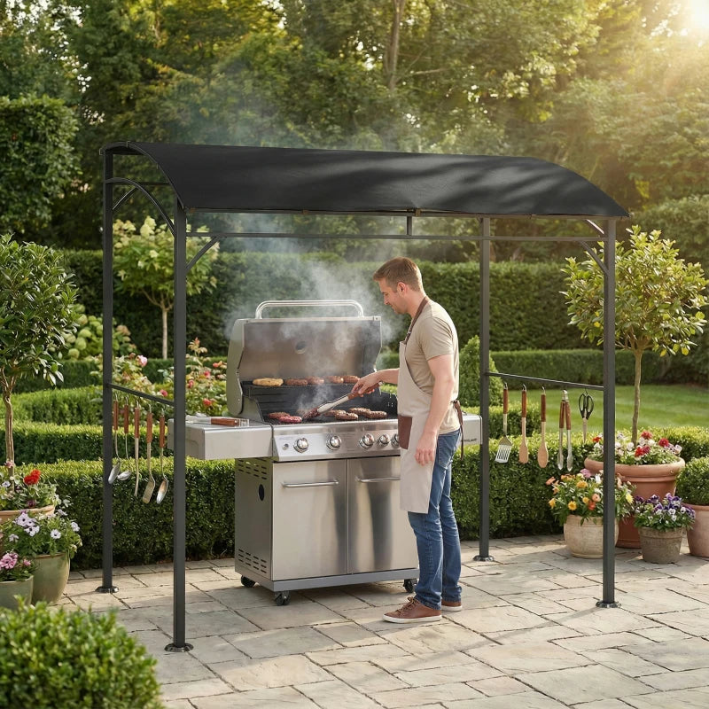 7' x 5' Garden Grill Canopy, BBQ Grill Gazebo Tent with Steel Frame and Hooks, Outdoor Sun Shade, Black