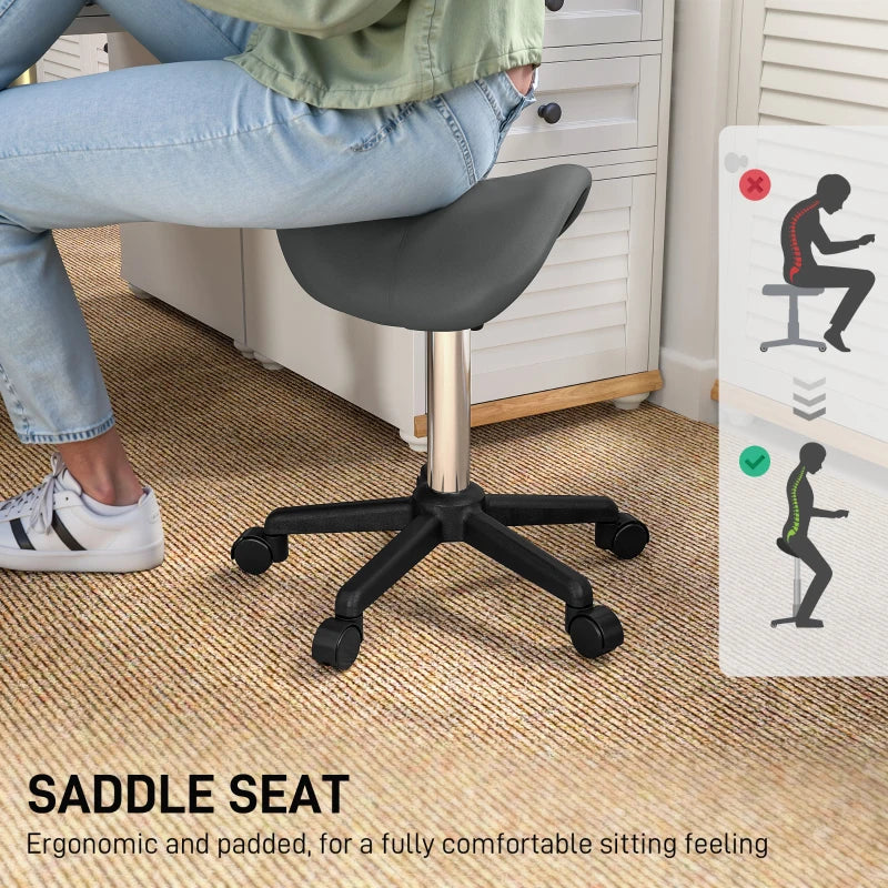 Saddle Stool, Adjustable Rolling Stool, Grey