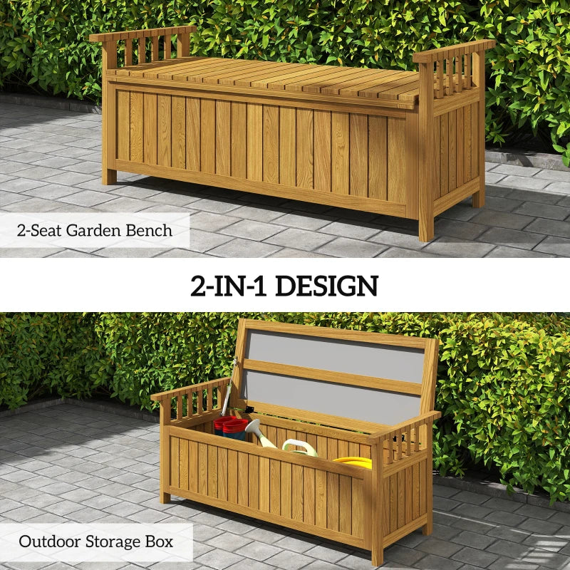 Wooden Bench with Storage Box, Outdoor Exterior Bench with Armrests for Patio Garden Balcony, Brown