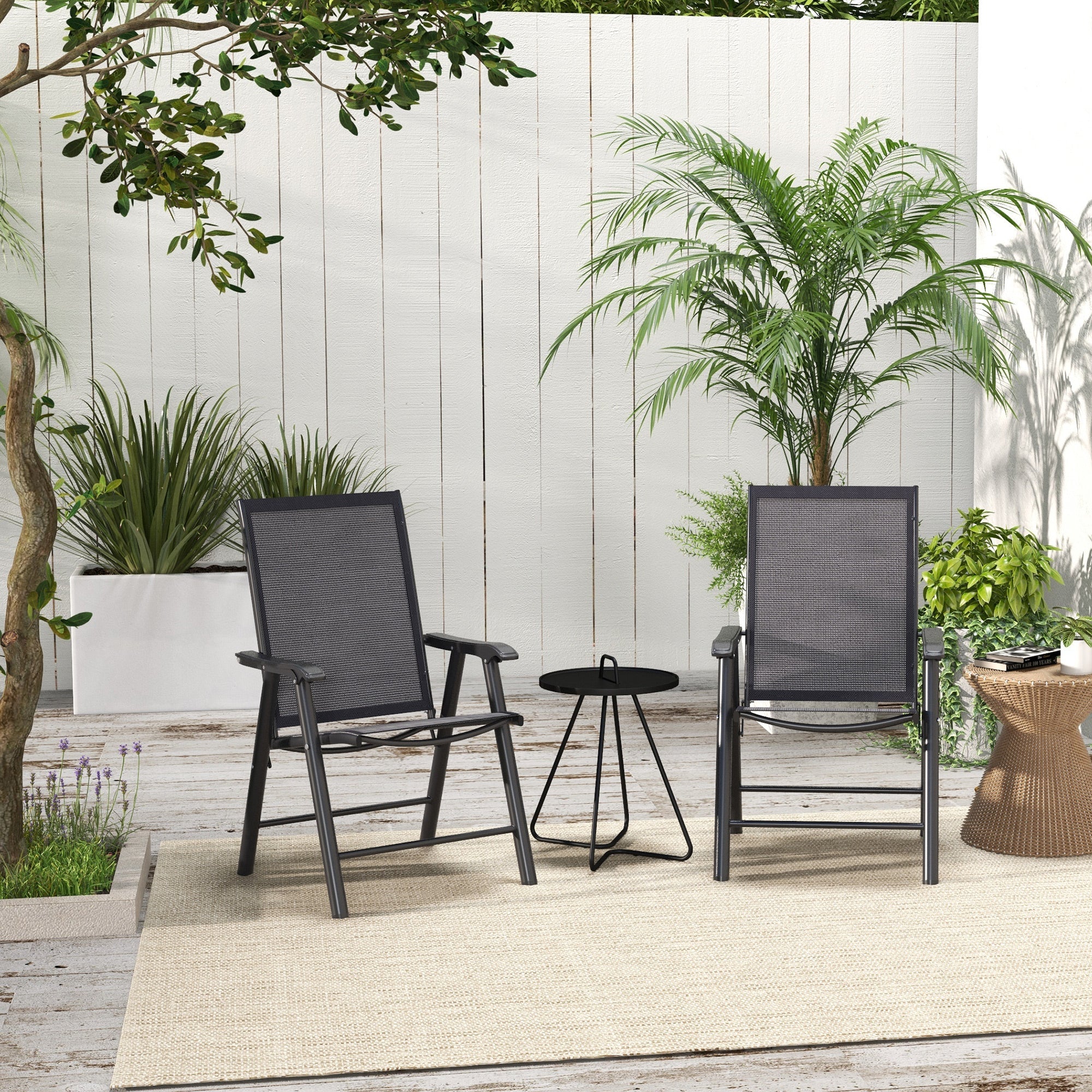 Outsunny 2-Piece Folding Chair Set for Relaxing on Patio Balcony Garden, Comfortable Outdoor Furniture with Armrests, Dark Grey